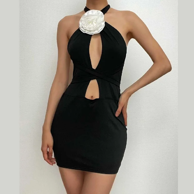 BerryBetty - Flower applique contrast self tie halter backless hollow out mini dress Trendy Lace Mini Dress BerryBetty - Flower applique contrast self tie halter backless hollow out mini dress Trendy Lace Mini Dress
