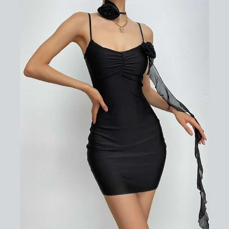 BerryBetty - Flower applique solid backless v neck ribbon cami mini dress Cozy Jersey Mini Dress BerryBetty - Flower applique solid backless v neck ribbon cami mini dress Cozy Jersey Mini Dress