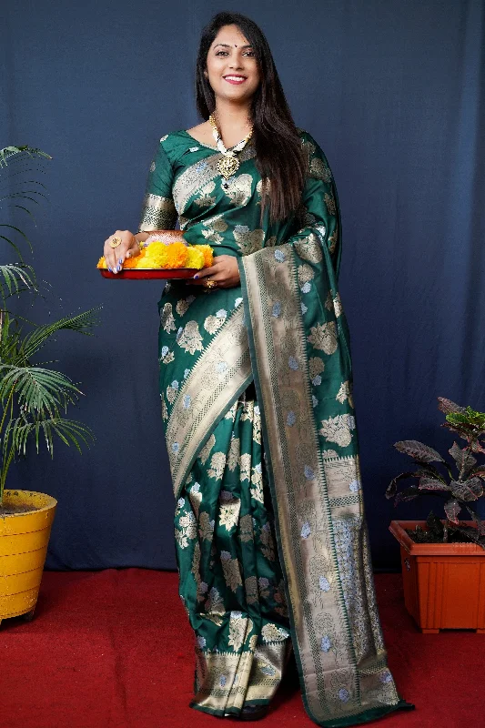 Jyoti Fashion Women's Bottle Green Handloom Banarasi Silk Zari Woven Saree with Blouse Versatile Layering Blouse Jyoti Fashion Women's Bottle Green Handloom Banarasi Silk Zari Woven Saree with Blouse Versatile Layering Blouse