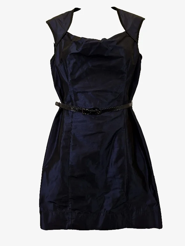 Cue Midnight Shimmer Belted Office Mini Dress Size 8 Elegant Silk Mini Dress