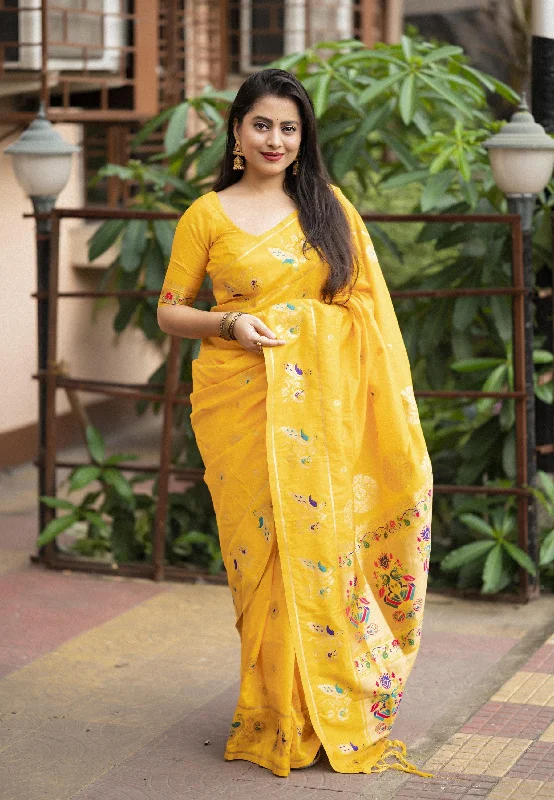 Yellow Pure Silk Woven Design Saree with Unstitched Blouse - A2M Elegant Peplum Blouse Yellow Pure Silk Woven Design Saree with Unstitched Blouse - A2M Elegant Peplum Blouse