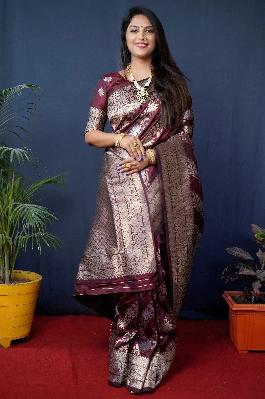Jyoti Fashion Women's Maroon Handloom Banarasi Silk Zari Woven Saree with Blouse Chic Wrap Blouse Jyoti Fashion Women's Maroon Handloom Banarasi Silk Zari Woven Saree with Blouse Chic Wrap Blouse