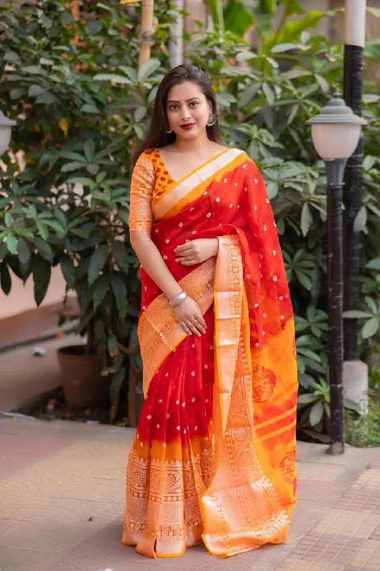 Red Jute Silk Ethnic Motifs Saree with Unstitched Blouse - A2M Balloon Sleeve Blouse Red Jute Silk Ethnic Motifs Saree with Unstitched Blouse - A2M Balloon Sleeve Blouse
