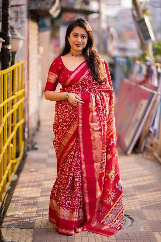 Red Cotton Blend Ethnic Motifs Saree with Unstitched Blouse - A2M Embroidered Cotton Blouse Red Cotton Blend Ethnic Motifs Saree with Unstitched Blouse - A2M Embroidered Cotton Blouse