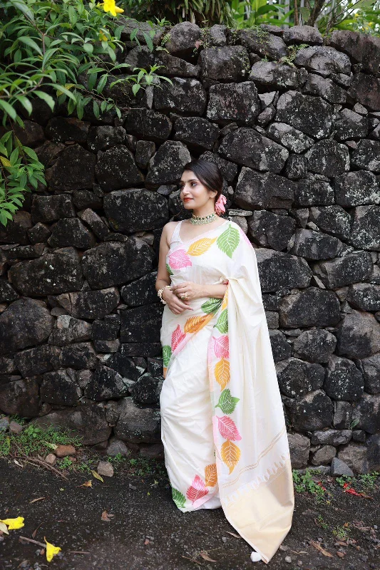 White Pure Silk Woven Design Saree with Unstitched Blouse - A2M Sheer Sleeve Blouse