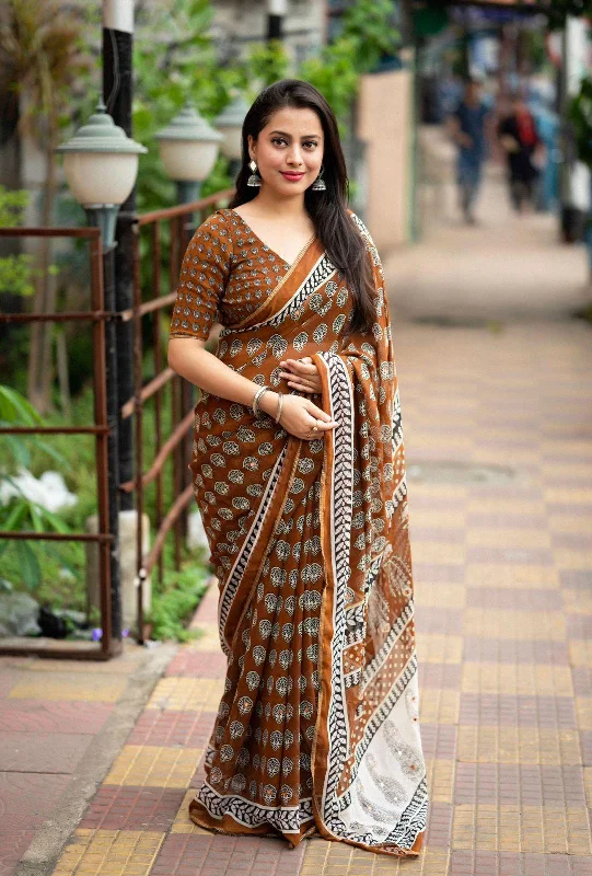 Mustard Poly Georgette Ajrak Saree with Unstitched Blouse - A2M Pleated Collar Blouse Mustard Poly Georgette Ajrak Saree with Unstitched Blouse - A2M Pleated Collar Blouse