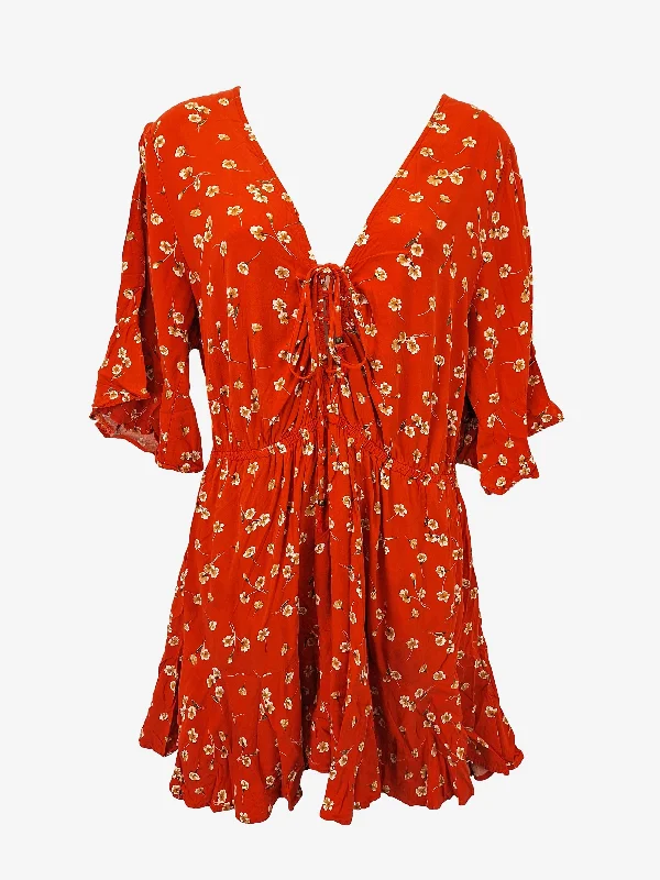 Kivari Pretty Summer Rust Floral Mini Dress Size L Trendy Wraparound Mini Dress