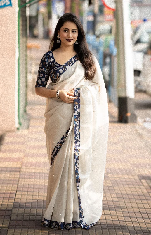 Cream Pure Linen Ethnic Motifs Saree with Unstitched Blouse - A2M Satin Long Blouse