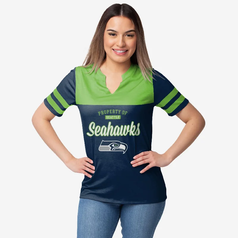 Seattle Seahawks Womens Team Stripe Property Of V-Neck T-Shirt-- Lace Blend Ribbed Blend Corduroy Blend Seattle Seahawks Womens Team Stripe Property Of V-Neck T-Shirt-- Lace Blend Ribbed Blend Corduroy Blend