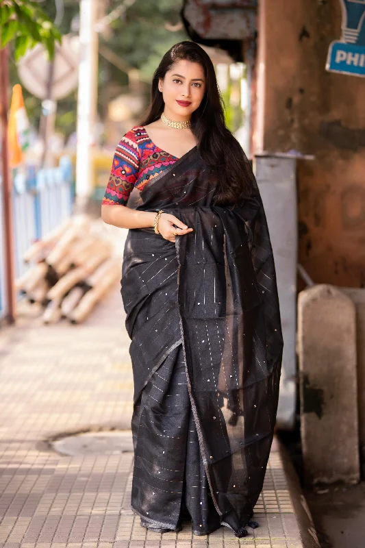 Black Pure Linen Ethnic Motifs Saree with Unstitched Blouse - A2M Ruffled Neck Blouse Black Pure Linen Ethnic Motifs Saree with Unstitched Blouse - A2M Ruffled Neck Blouse