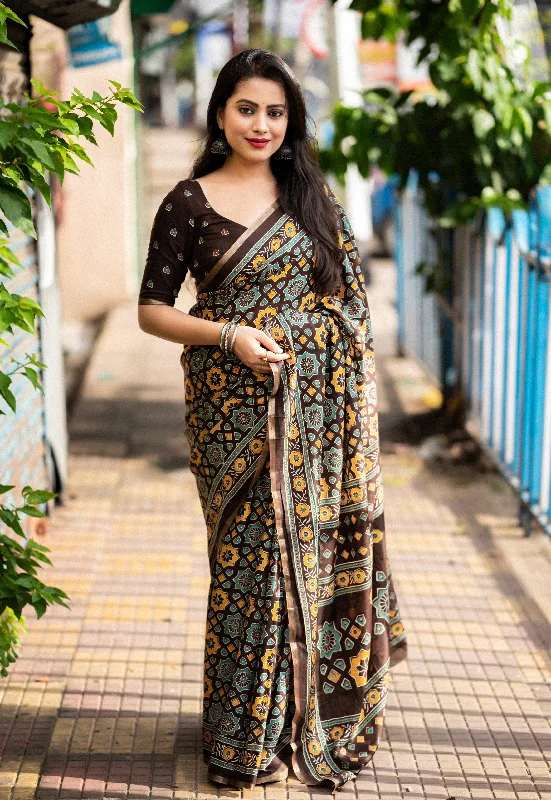 Coffee Cotton Blend Ajrak Saree with Unstitched Blouse - A2M Satin Long Blouse