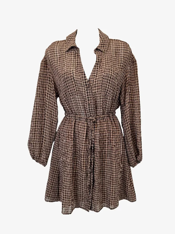 kai Sheer Check Drawstring Waist Mini Dress Size 6 Classic Striped Mini Dress