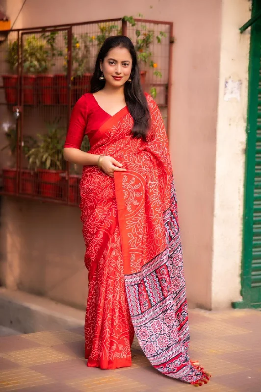 Red Silk Blend Ajrak Saree with Unstitched Blouse - A2M Lightweight Linen Blouse