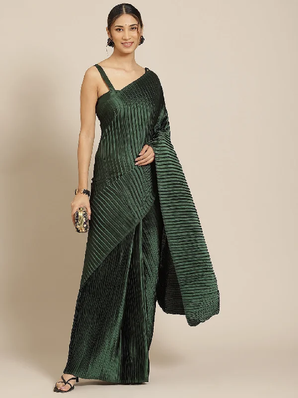 Jyoti Fashion Women's Green Satin Platted Work Designer Saree with Blouse Drape Neck Blouse Jyoti Fashion Women's Green Satin Platted Work Designer Saree with Blouse Drape Neck Blouse