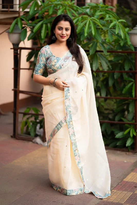 Blue Pure Linen Ethnic Motifs Saree with Unstitched Blouse - A2M Chic Off-Shoulder Blouse Blue Pure Linen Ethnic Motifs Saree with Unstitched Blouse - A2M Chic Off-Shoulder Blouse