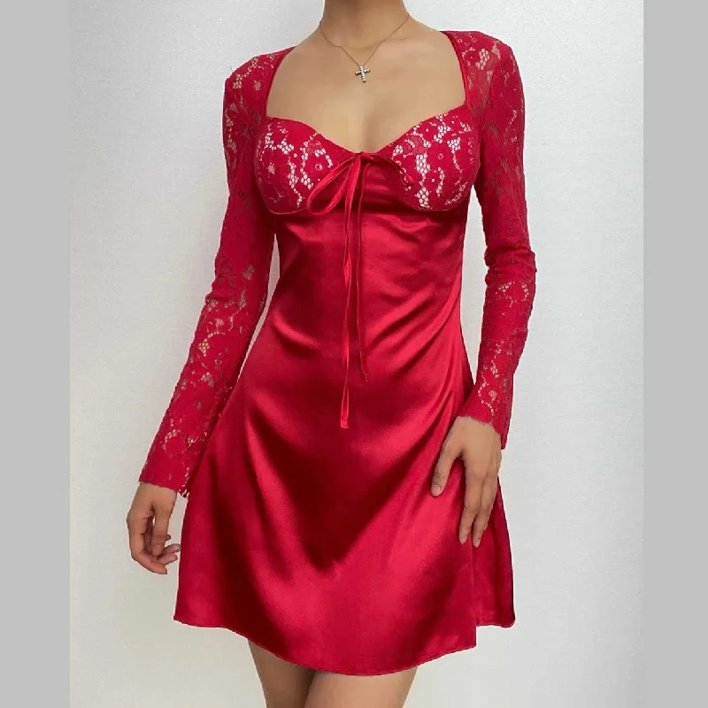 BerryBetty - Lace zip-up long sleeve patchwork padded mini dress Fashionable Boho-Chic Mini Dress