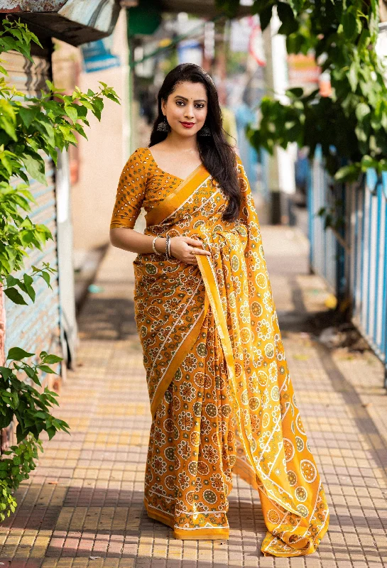 Mustard Cotton Blend Ajrak Saree with Unstitched Blouse - A2M Feminine Tie Blouse