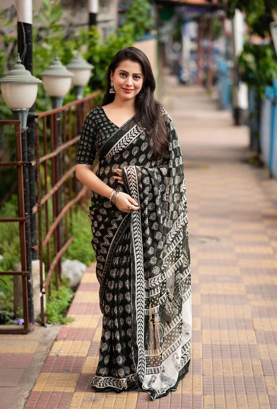 Black Poly Georgette Ajrak Saree with Unstitched Blouse - A2M Backless Summer Blouse Black Poly Georgette Ajrak Saree with Unstitched Blouse - A2M Backless Summer Blouse