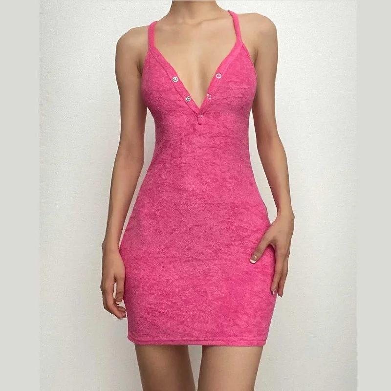 BerryBetty - Sleeveless v neck solid cross back button mini dress Cozy A-Line Mini Dress BerryBetty - Sleeveless v neck solid cross back button mini dress Cozy A-Line Mini Dress