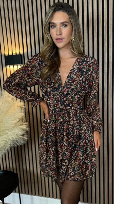 Tabitha Burgundy Ditsy Floral Printed Mini Dress Comfortable One-Shoulder Mini Dress