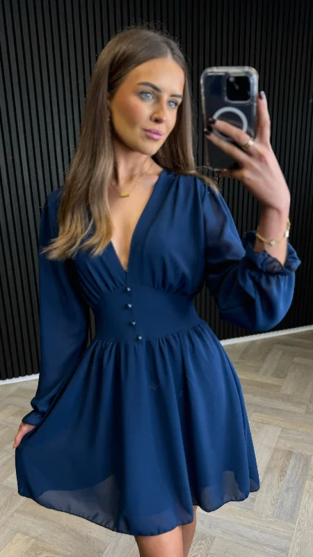 Sylvia Blue V Neck Mini Dress Elegant Off-Shoulder Dress Mini
