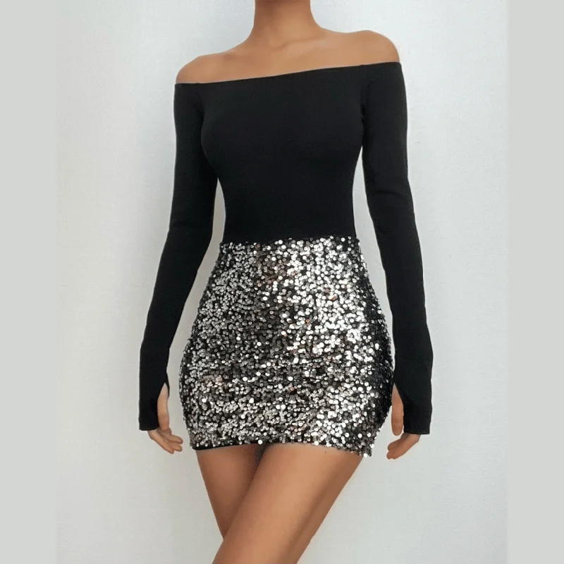 BerryBetty - Glitter patchwork off shoulder gloves mini dress Elegant Off-Shoulder Dress Mini BerryBetty - Glitter patchwork off shoulder gloves mini dress Elegant Off-Shoulder Dress Mini