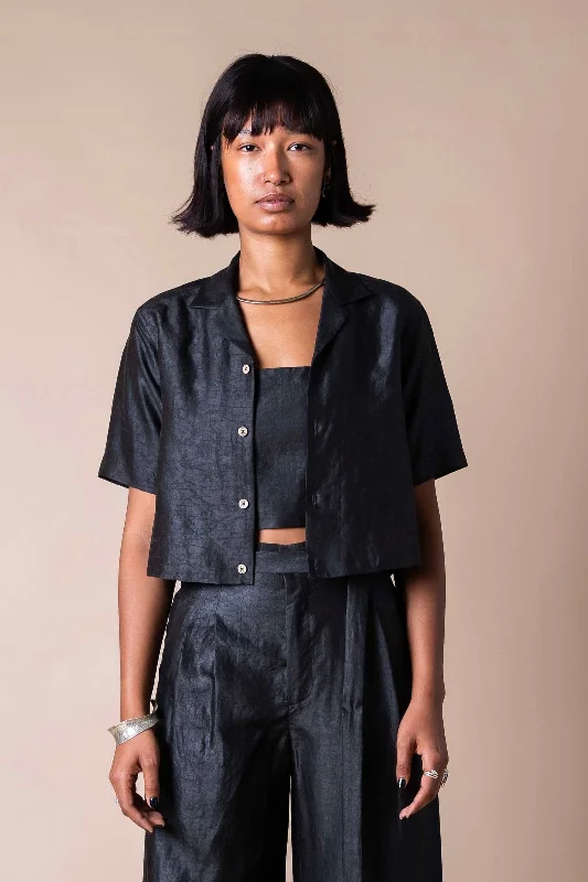 Obsidian Cropped Camp Collar Shirt-- Notch Collar Peter Pan Collar Cowl Neck