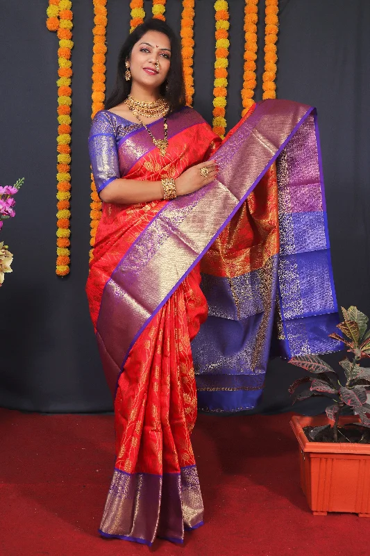 Jyoti Fashion Women's Red Kanchipuram Silk Zari Woven Saree with Blouse Floral Print Blouse Jyoti Fashion Women's Red Kanchipuram Silk Zari Woven Saree with Blouse Floral Print Blouse