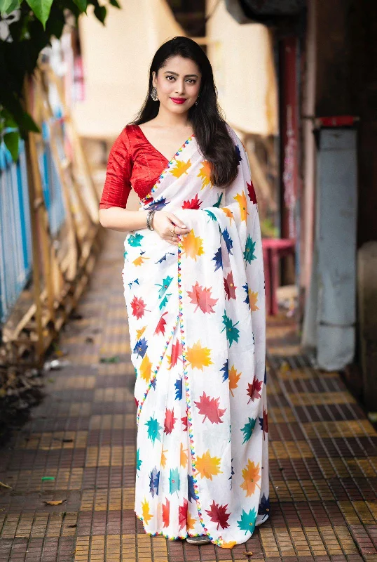 White Poly Georgette Ethnic Motifs Saree with Unstitched Blouse - A2M Casual Relaxed Blouse White Poly Georgette Ethnic Motifs Saree with Unstitched Blouse - A2M Casual Relaxed Blouse