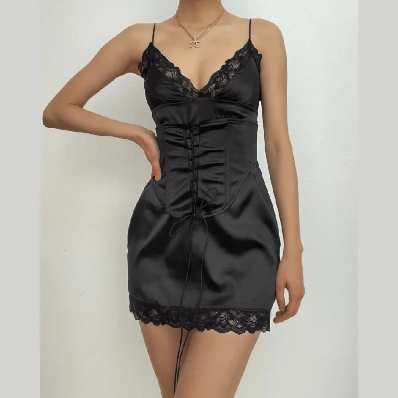 BerryBetty - Lace hem solid v neck lace up corset sleeveless mini dress Fashionable Summer Mini Dress BerryBetty - Lace hem solid v neck lace up corset sleeveless mini dress Fashionable Summer Mini Dress
