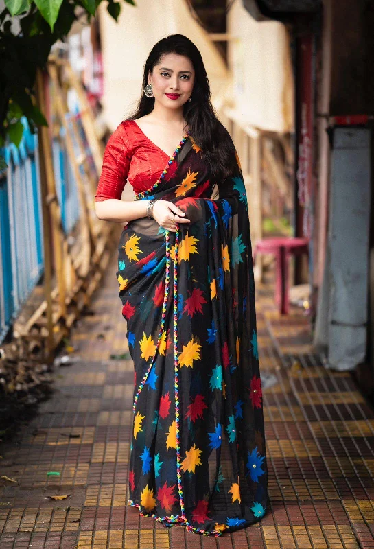 Black Poly Georgette Ethnic Motifs Saree with Unstitched Blouse - A2M Delicate Bow Blouse Black Poly Georgette Ethnic Motifs Saree with Unstitched Blouse - A2M Delicate Bow Blouse
