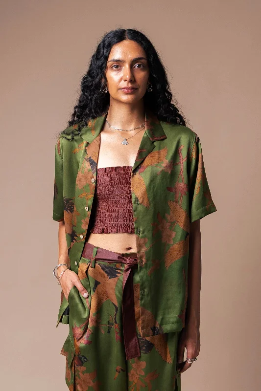 Verdant Cranes Camp Collar Shirt-- Rayon Fabric Velvet Fabric Corduroy Fabric