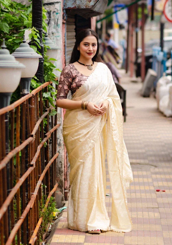 Cream Poly Silk Ethnic Motifs Saree with Unstitched Blouse - A2M Chic Wrap Blouse