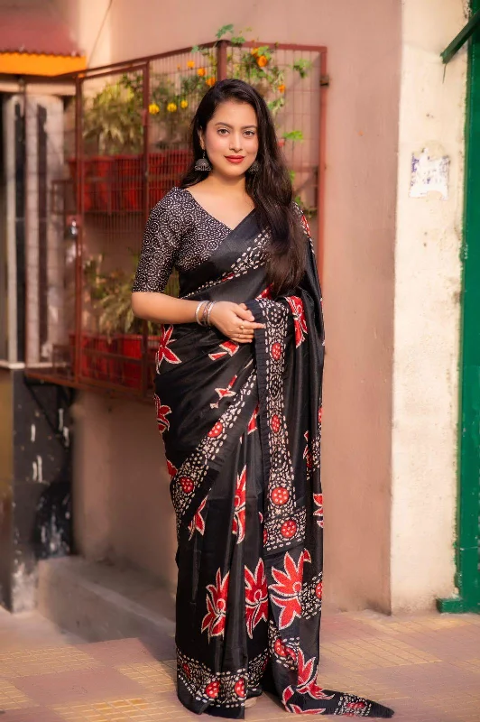 Black Silk Blend Ethnic Motifs Saree with Unstitched Blouse - A2M Soft Modal Blouse