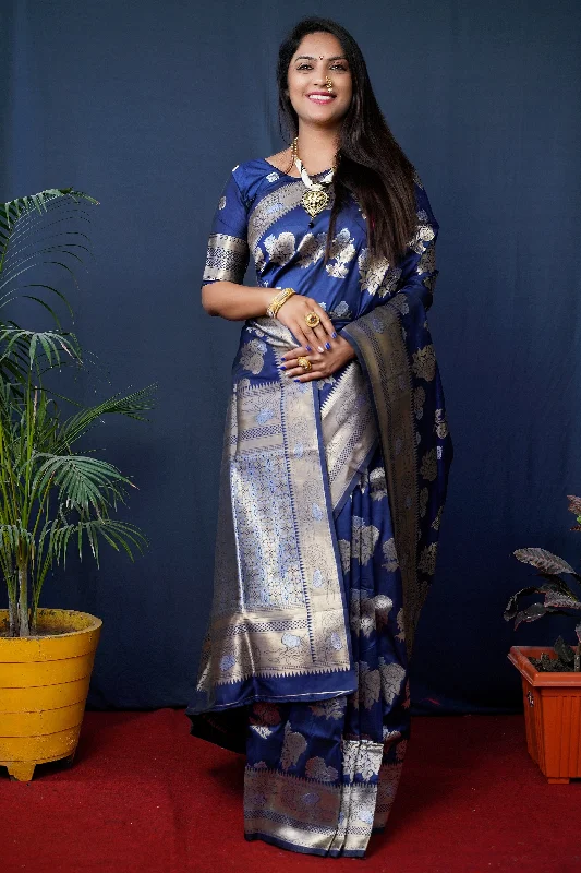 Jyoti Fashion Women's Navy Blue Handloom Banarasi Silk Zari Woven Saree with Blouse Elegant Embroidery Blouse