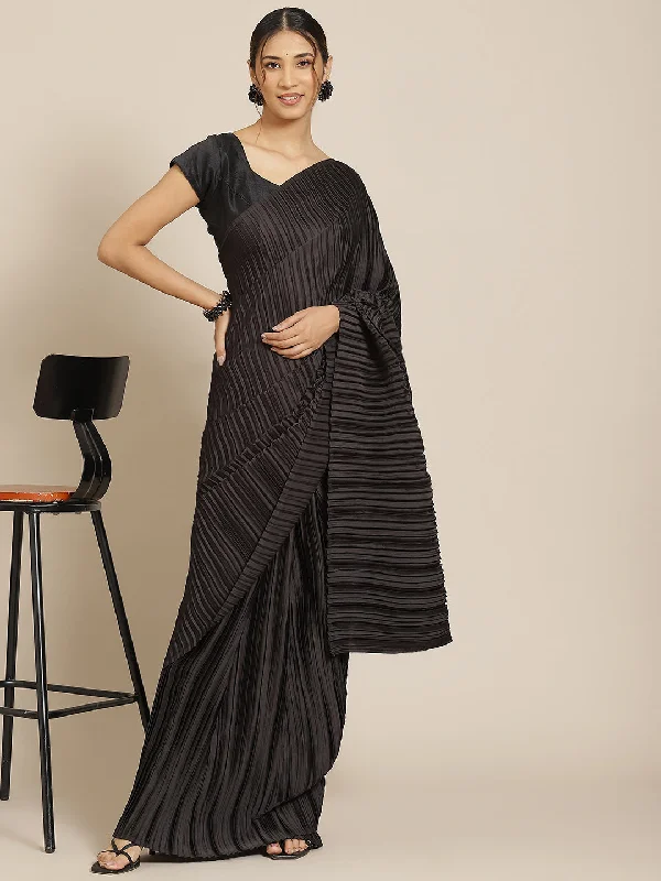 Jyoti Fashion Women's Black Satin Platted Work Designer Saree with Blouse Embroidered Floral Blouse Jyoti Fashion Women's Black Satin Platted Work Designer Saree with Blouse Embroidered Floral Blouse