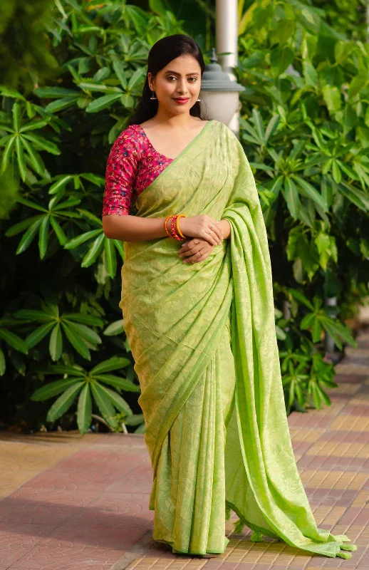 Green Jute Silk Woven Design Saree with Unstitched Blouse - A2M Side Tie Blouse