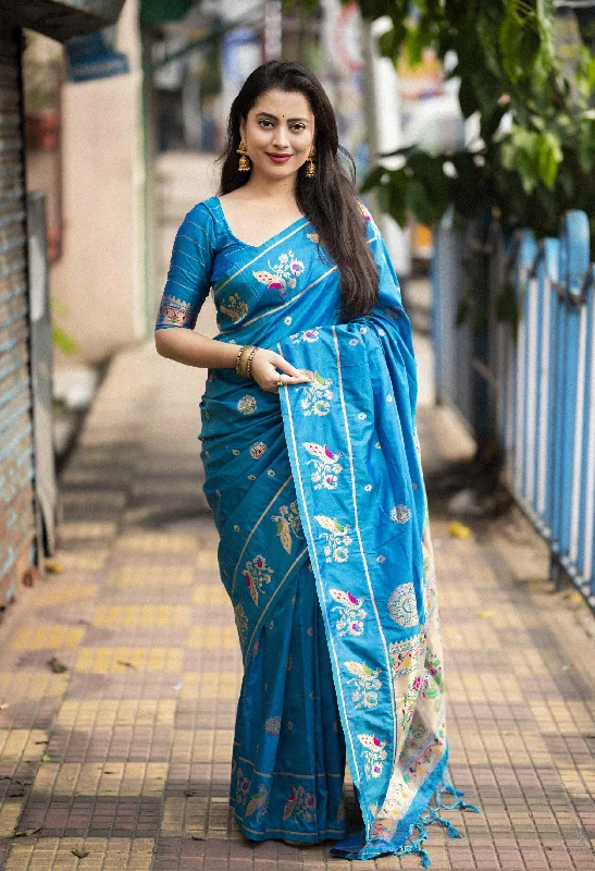 Blue Pure Silk Woven Design Saree with Unstitched Blouse - A2M Stretchy Fitted Blouse Blue Pure Silk Woven Design Saree with Unstitched Blouse - A2M Stretchy Fitted Blouse
