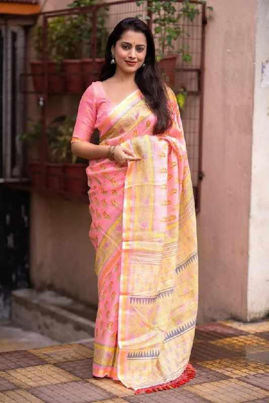 Pink Silk Blend Geometric Saree with Unstitched Blouse - A2M Textured Cotton Blouse