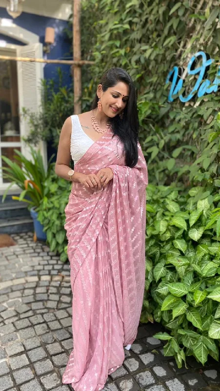 Pink Poly Chiffon Ethnic Motifs Saree with Unstitched Blouse - A2M Wrap Front Blouse Pink Poly Chiffon Ethnic Motifs Saree with Unstitched Blouse - A2M Wrap Front Blouse