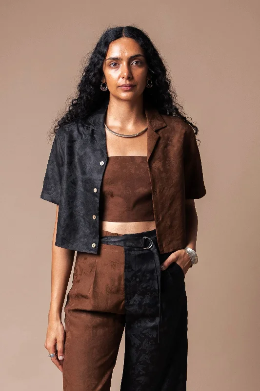 Brown + Black Butterfly Cropped Camp Collar Shirt-- Terry Blend Velvet Blend Canvas Blend Brown + Black Butterfly Cropped Camp Collar Shirt-- Terry Blend Velvet Blend Canvas Blend