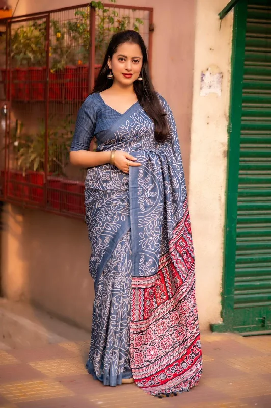 Grey Silk Blend Ajrak Saree with Unstitched Blouse - A2M Elegant Lace Blouse