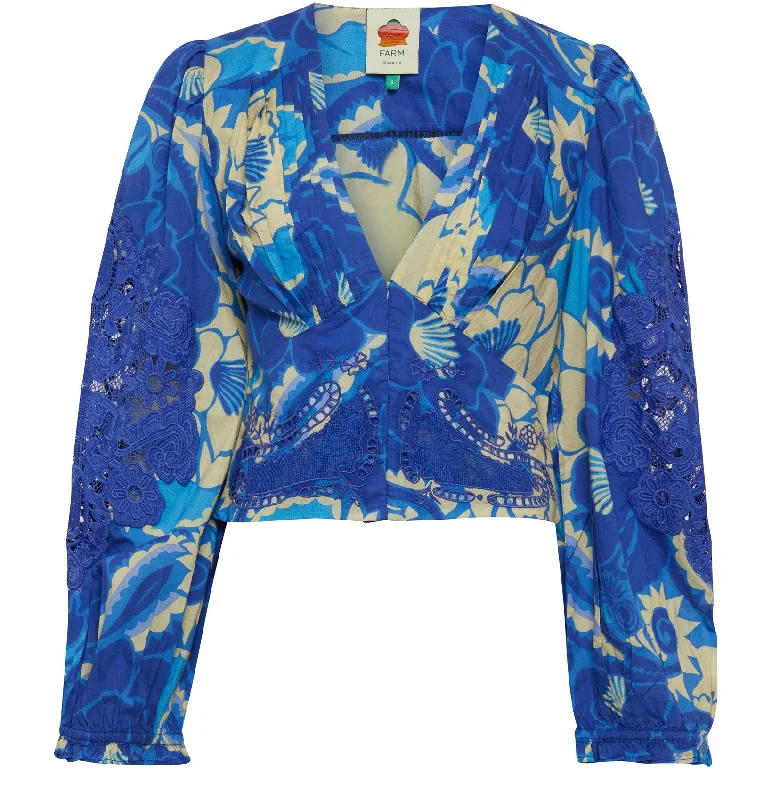 Farm Rio Women's Blue Tropical Groove Blue Blouse Long Sleeves Feminine Satin Blouse