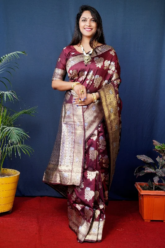 Jyoti Fashion Women's Maroon Handloom Banarasi Silk Zari Woven Saree with Blouse Casual Relaxed Fit Blouse Jyoti Fashion Women's Maroon Handloom Banarasi Silk Zari Woven Saree with Blouse Casual Relaxed Fit Blouse