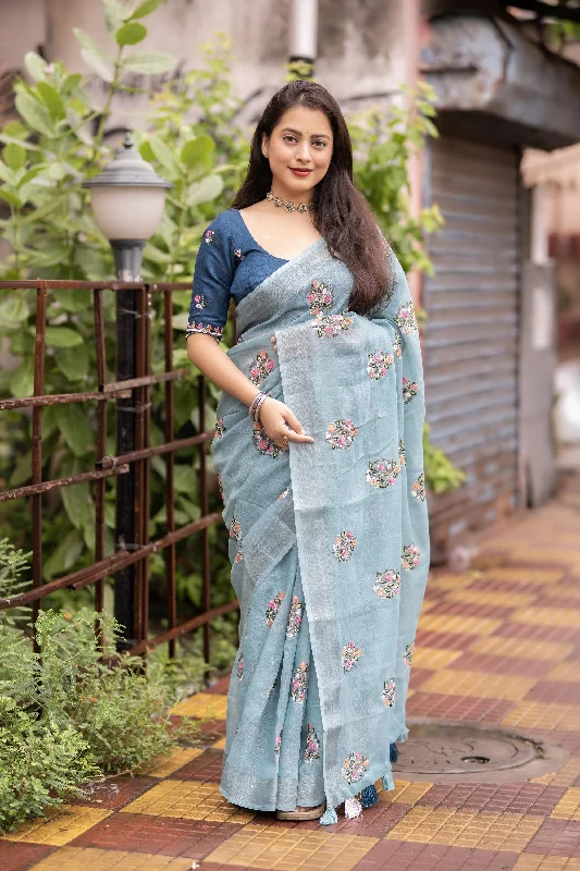 Sky Pure Linen Ethnic Motifs Saree with Unstitched Blouse - A2M Textured Cotton Blouse Sky Pure Linen Ethnic Motifs Saree with Unstitched Blouse - A2M Textured Cotton Blouse