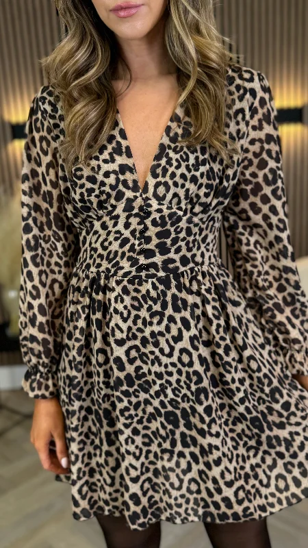 Tabitha Beige & Black Leopard Print Mini Dress Trendy Button-Detail Mini Dress