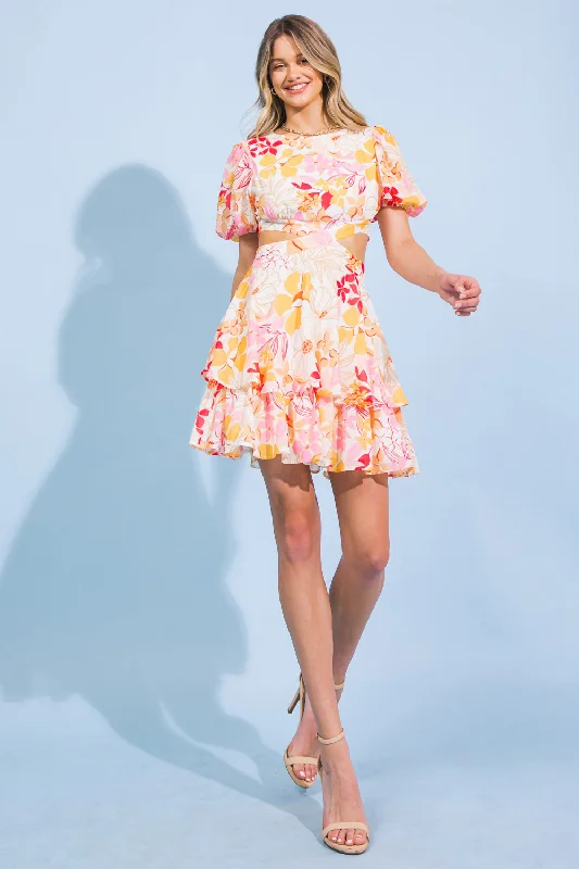 MAGICAL FLORALS WOVEN MINI DRESS Casual V-Neck Mini Dress