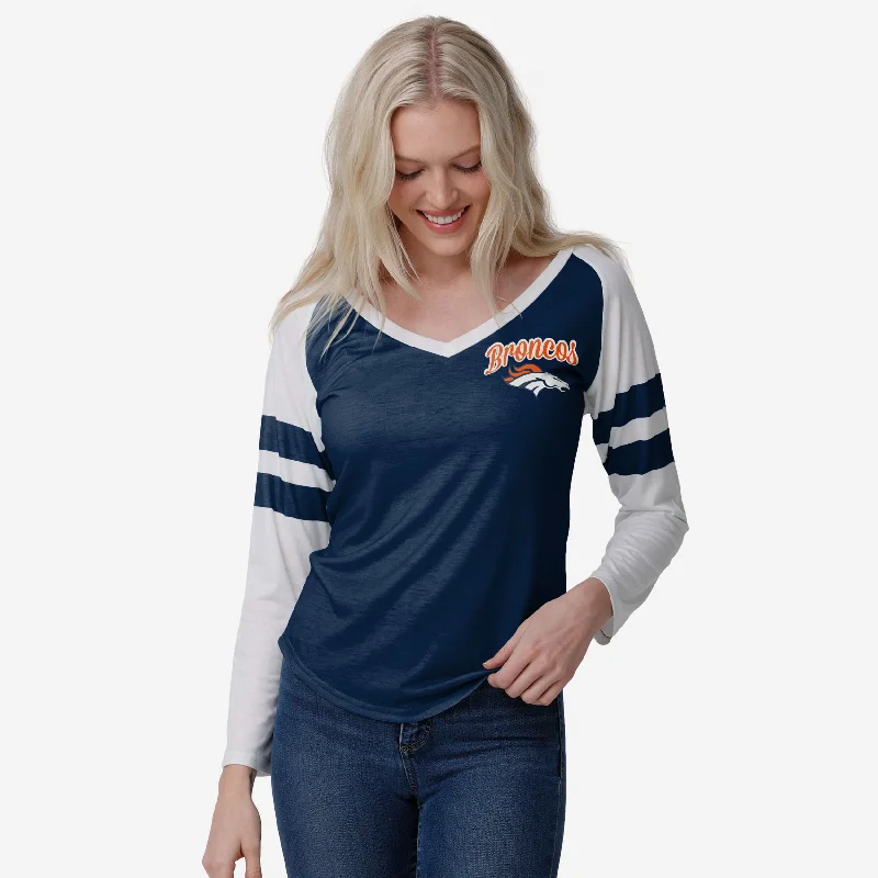 Denver Broncos Womens Script Wordmark Striped Sleeve Raglan T-Shirt-- Embroidered Appliqued Beaded Denver Broncos Womens Script Wordmark Striped Sleeve Raglan T-Shirt-- Embroidered Appliqued Beaded