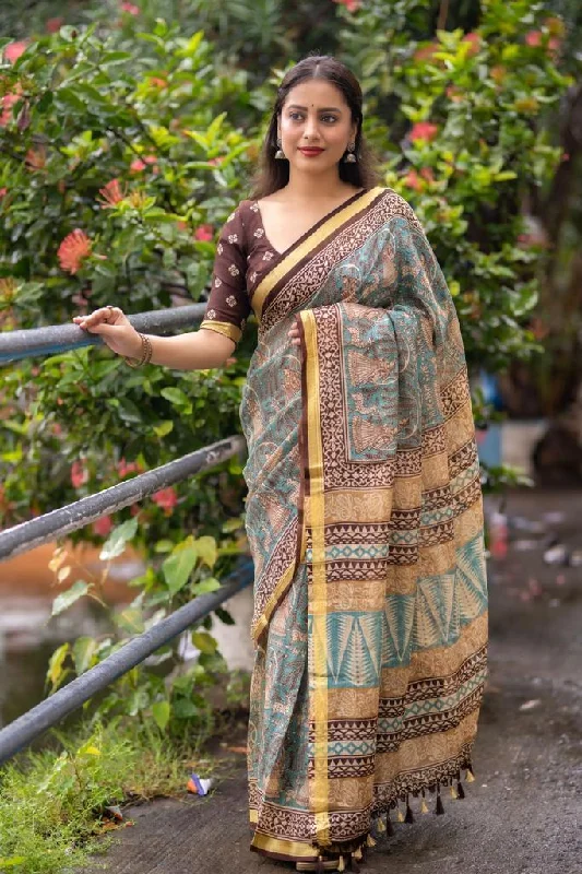 Grey Silk Blend Geometric Saree with Unstitched Blouse - A2M Flowy Bohemian Blouse