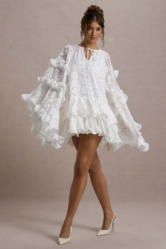 Arlington | White Lace Cape-Sleeve Mini Dress Cozy Cotton Mini Dress